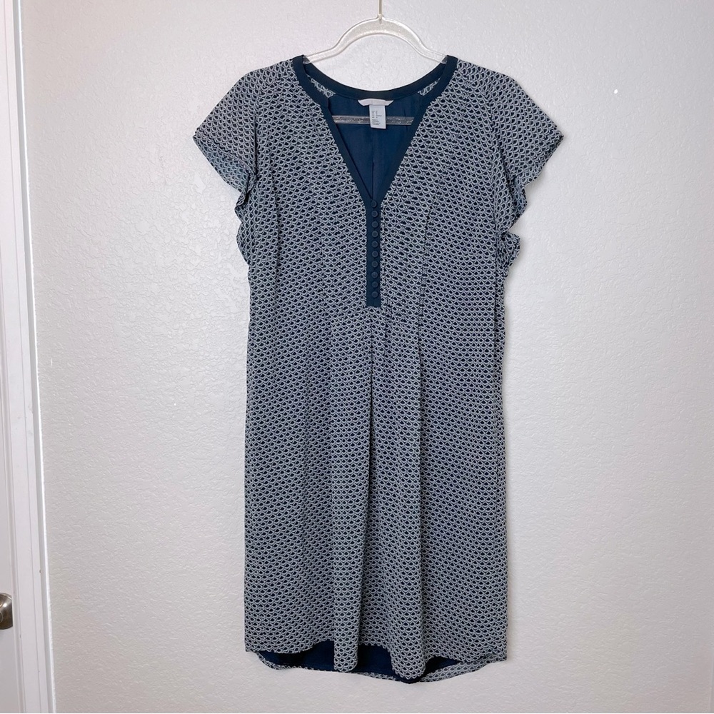 H&M Navy and White Patterned Dress with Covered Buttons Down Chest Size 12